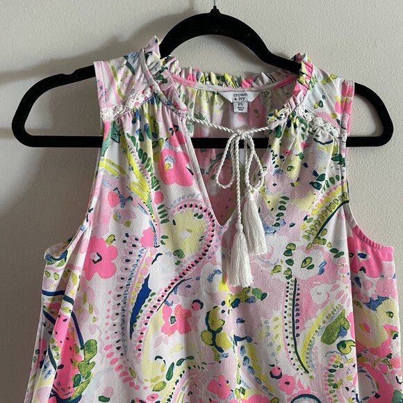 Crown & Ivy Womn PS Paisley Floral Preppy Crochet Tassel Sleeveless Ruffle Dress - Picture 3 of 7